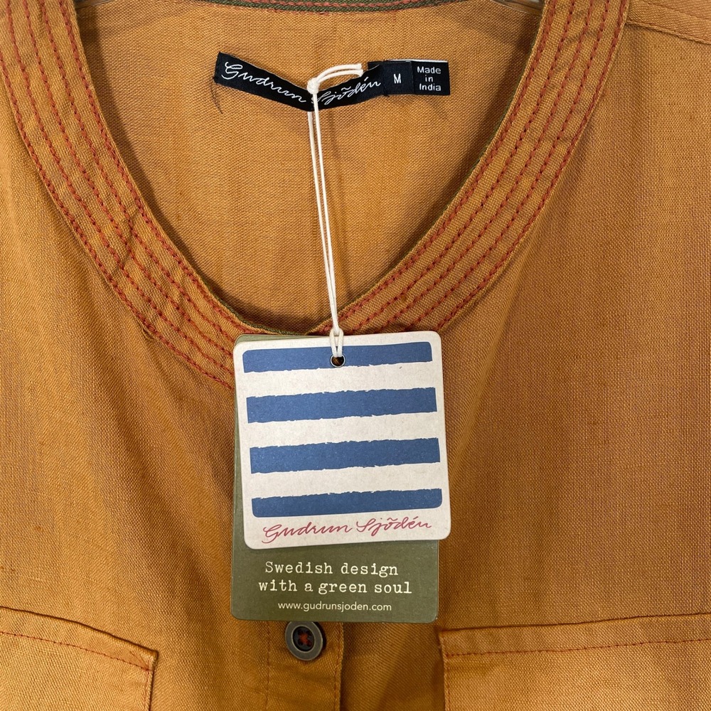 Gudrun Sjoden Safari Dress Organic Cotton Linen Button Front Orange Boho NWT M‎ - Picture 2 of 7